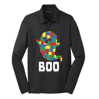 Building Blocks Ghost Boo Master Builder Halloween Tees Boy Silk Touch Performance Long Sleeve Polo