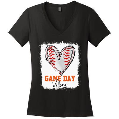 Bleached Baseball Game Day Vibes Baseball Mom Game Day Women's V-Neck T-Shirt