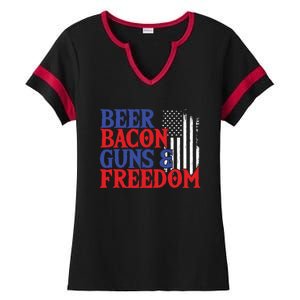 Beer Bacon Gun Freedom American Flag Usa Country Gift Ladies Halftime Notch Neck Tee