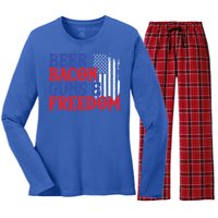 Beer Bacon Gun Freedom American Flag Usa Country Gift Women's Long Sleeve Flannel Pajama Set 