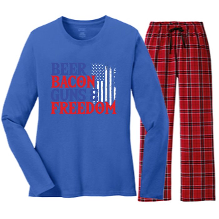 Beer Bacon Gun Freedom American Flag Usa Country Gift Women's Long Sleeve Flannel Pajama Set 