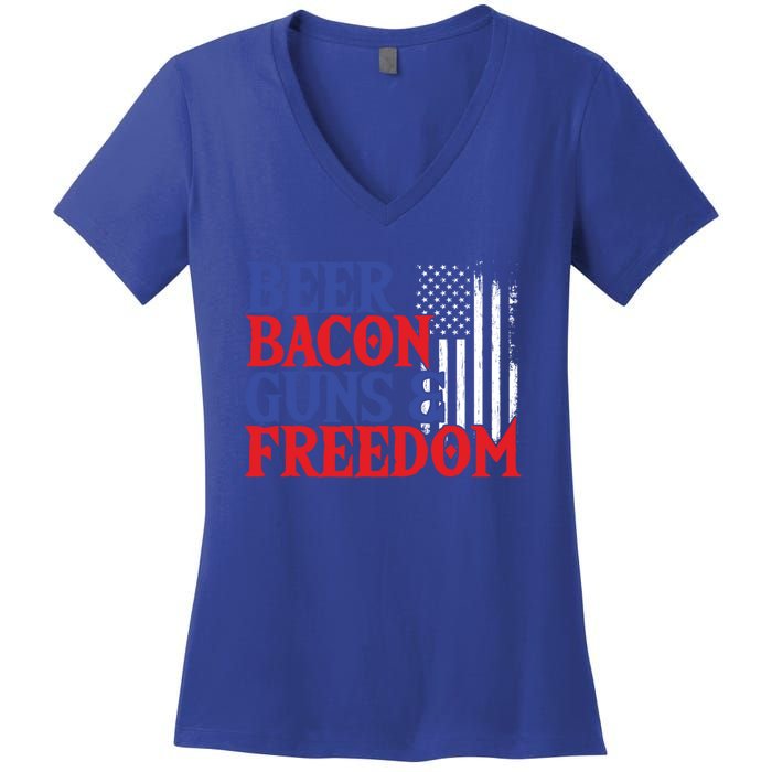 Beer Bacon Gun Freedom American Flag Usa Country Gift Women's V-Neck T-Shirt