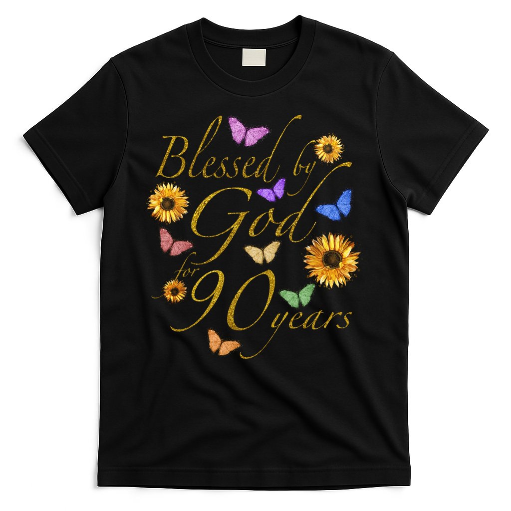 Blessed By God For 90 Year Butterfly Sunflower 90th Birthday T-Shirt