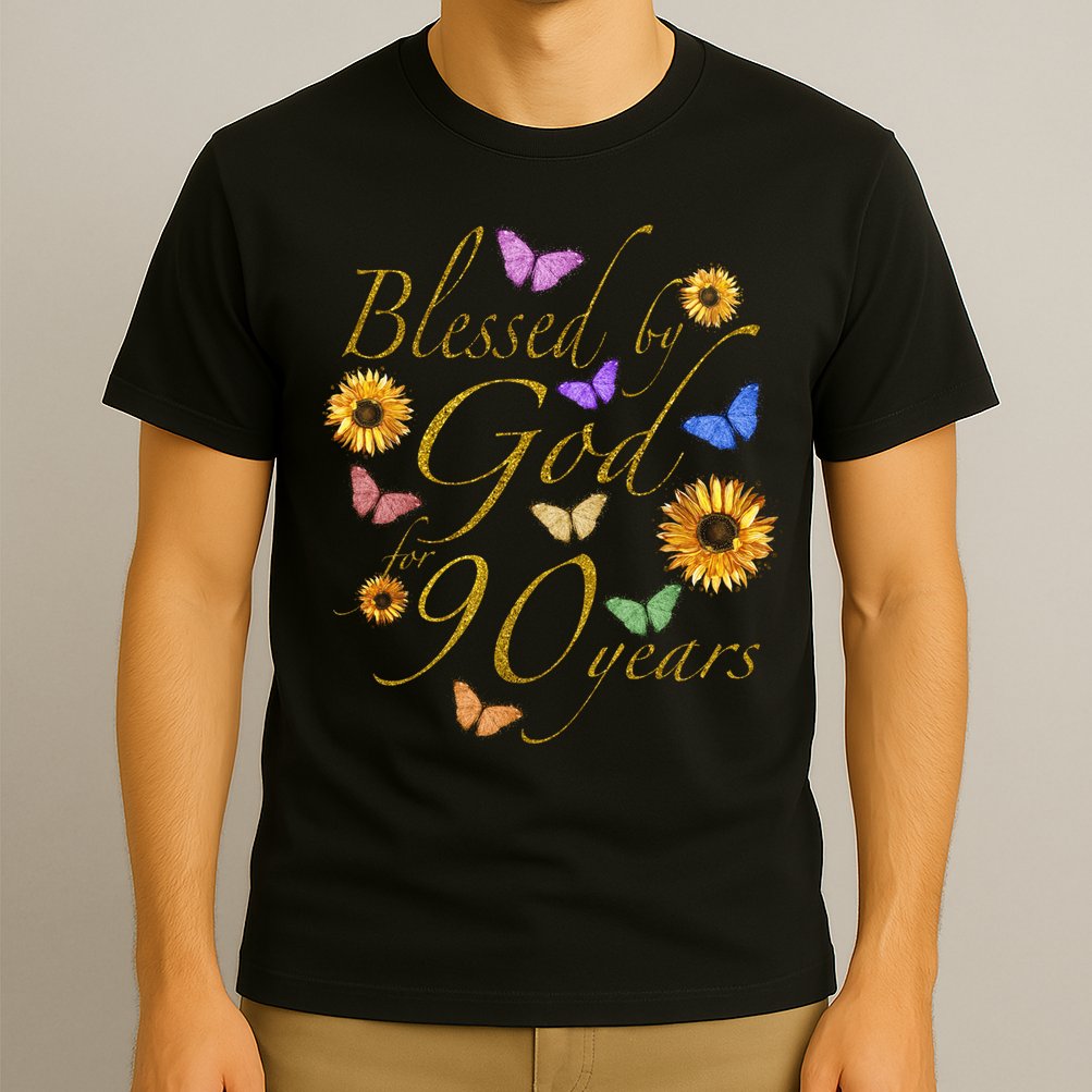 Blessed By God For 90 Year Butterfly Sunflower 90th Birthday T-Shirt