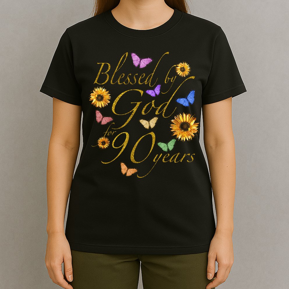 Blessed By God For 90 Year Butterfly Sunflower 90th Birthday T-Shirt