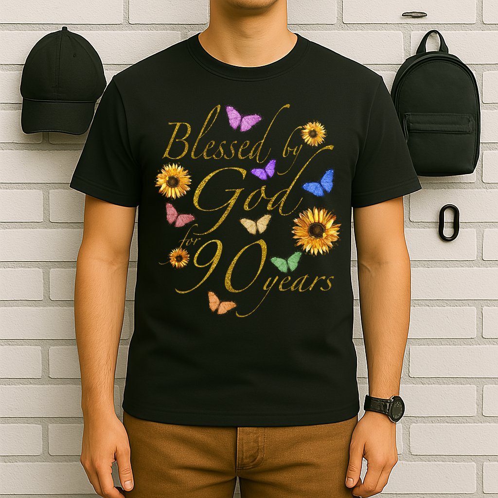 Blessed By God For 90 Year Butterfly Sunflower 90th Birthday T-Shirt