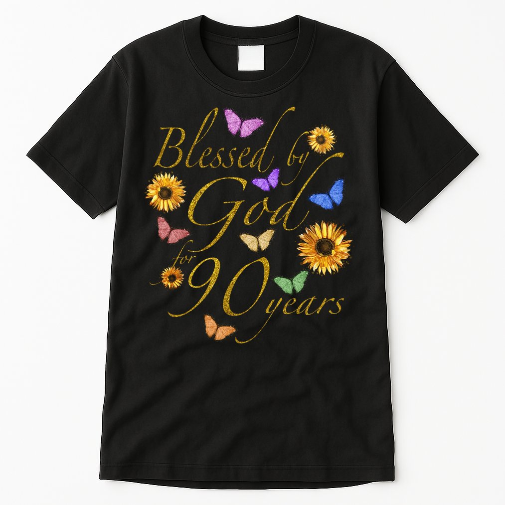 Blessed By God For 90 Year Butterfly Sunflower 90th Birthday Tall T-Shirt