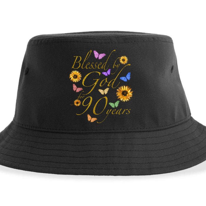 Blessed By God For 90 Year Butterfly Sunflower 90th Birthday Sustainable Bucket Hat