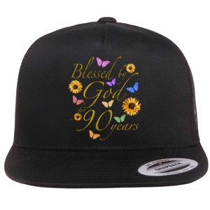 Blessed By God For 90 Year Butterfly Sunflower 90th Birthday Flat Bill Trucker Hat