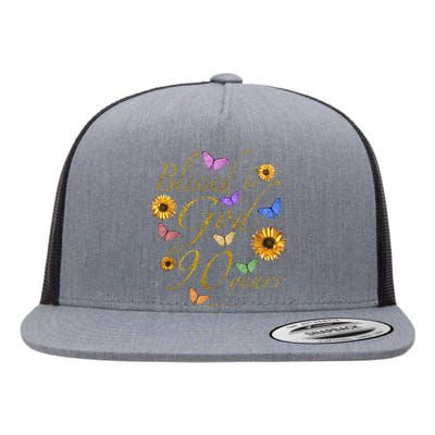 Blessed By God For 90 Year Butterfly Sunflower 90th Birthday Flat Bill Trucker Hat