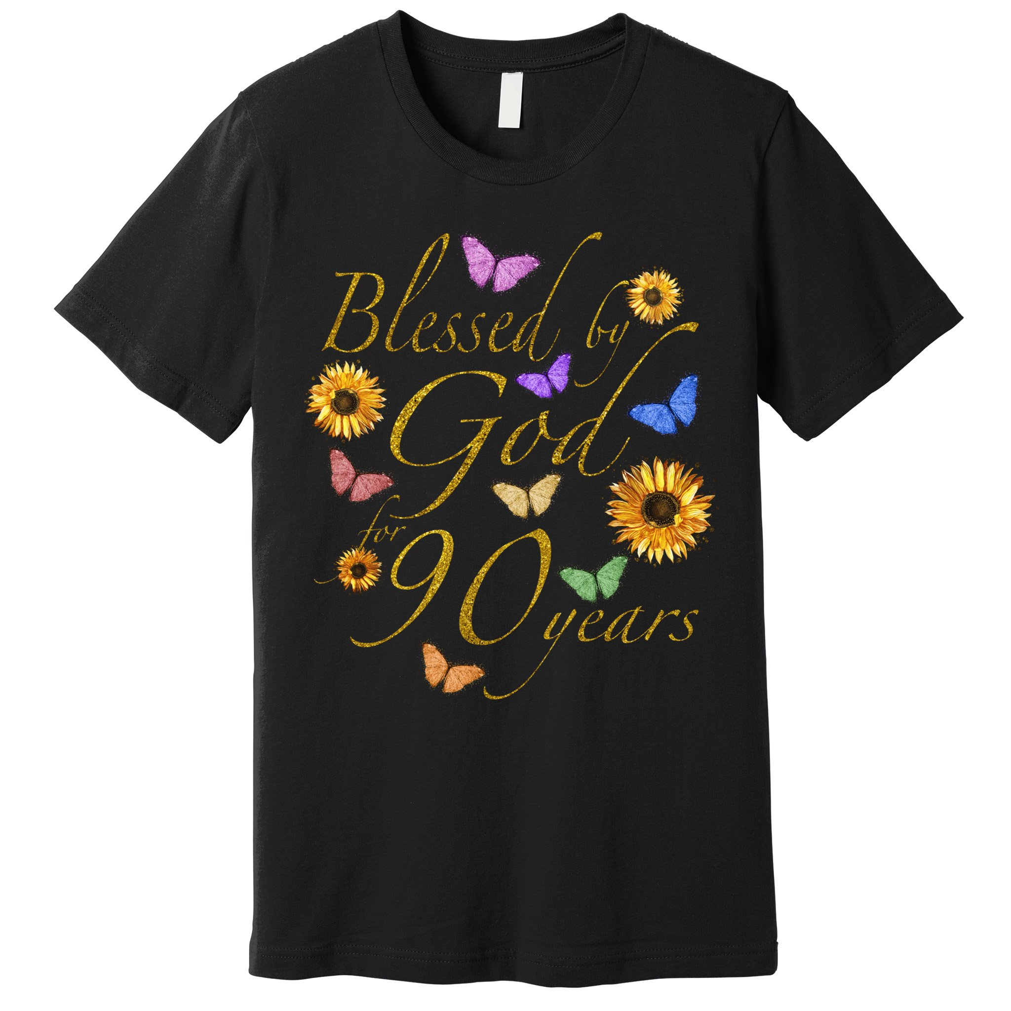Blessed By God For 90 Year Butterfly Sunflower 90th Birthday Premium T-Shirt