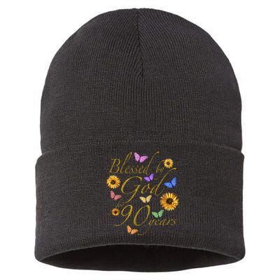 Blessed By God For 90 Year Butterfly Sunflower 90th Birthday Sustainable Knit Beanie