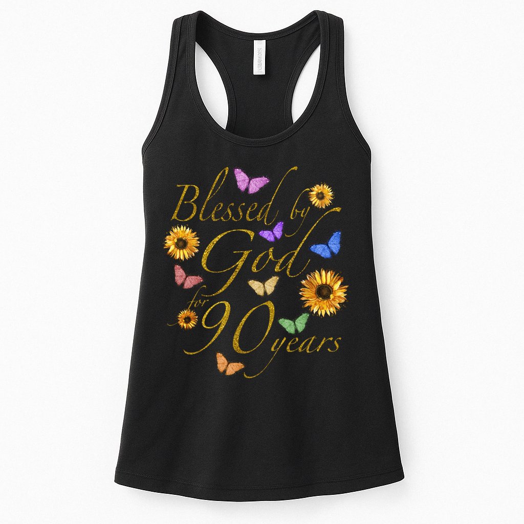 Blessed By God For 90 Year Butterfly Sunflower 90th Birthday Womens Tank Top