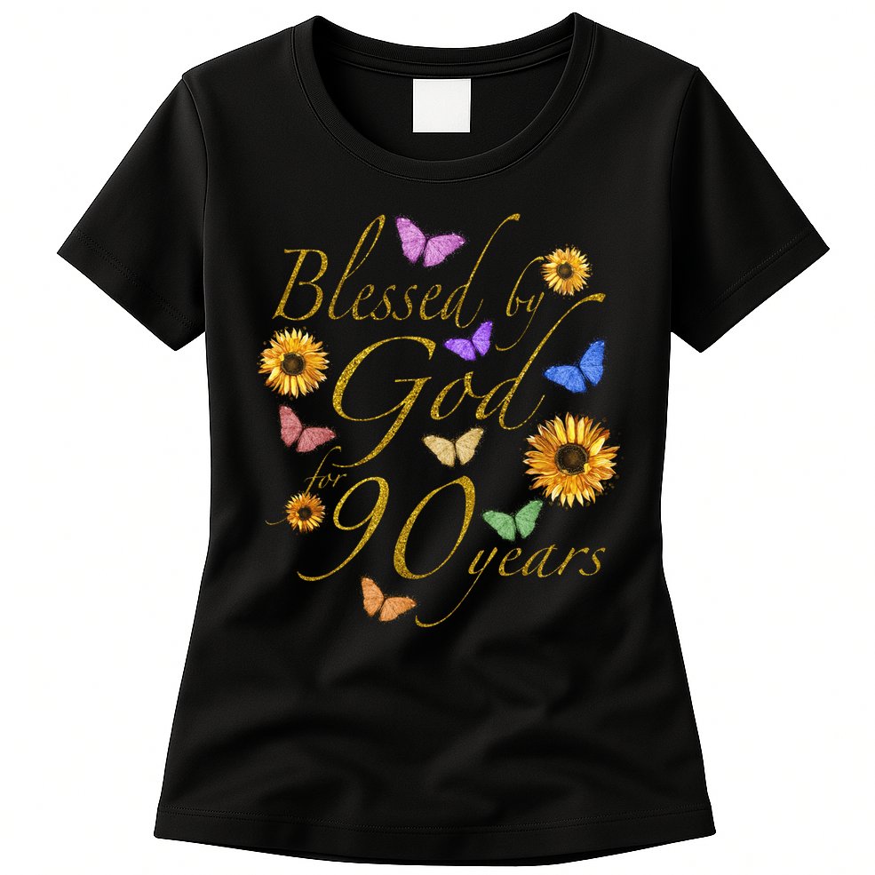Blessed By God For 90 Year Butterfly Sunflower 90th Birthday Womens T-Shirt