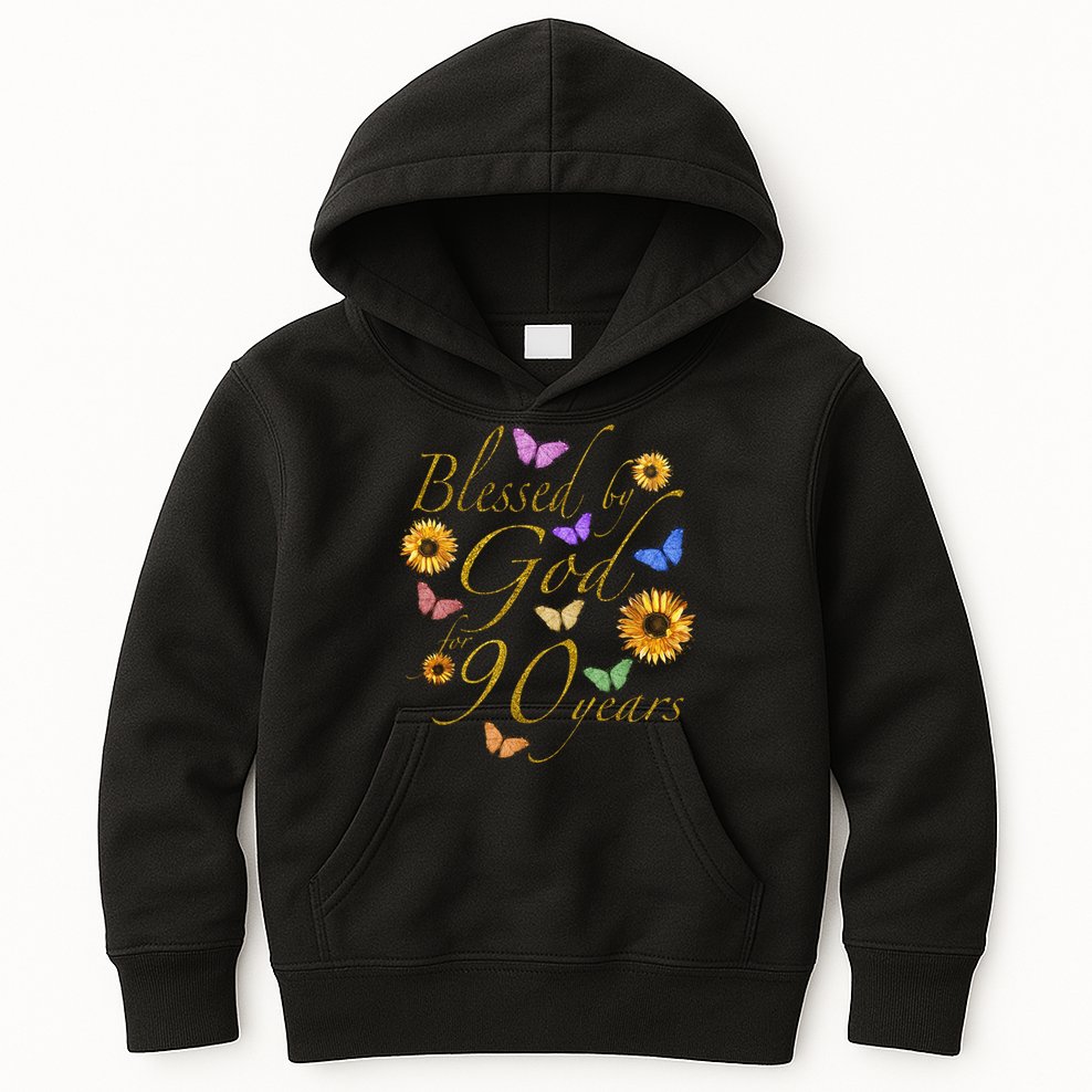 Blessed By God For 90 Year Butterfly Sunflower 90th Birthday Kids Hoodie