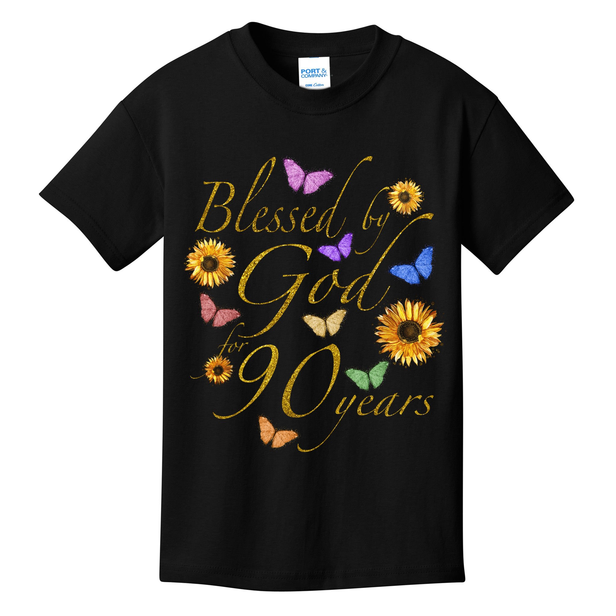 Blessed By God For 90 Year Butterfly Sunflower 90th Birthday Kids T-Shirt