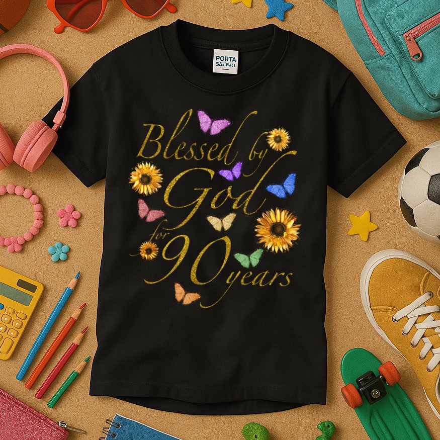 Blessed By God For 90 Year Butterfly Sunflower 90th Birthday Kids T-Shirt