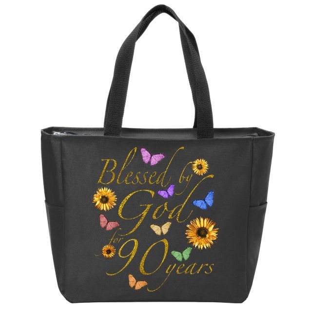 Blessed By God For 90 Year Butterfly Sunflower 90th Birthday Zip Tote Bag