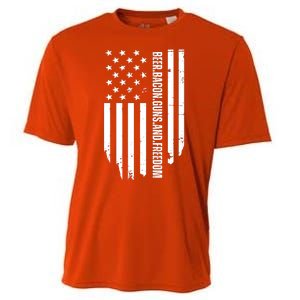 Beer Bacon Guns & Freedom / USA BBQ American Flag Drinking Cooling Performance Crew T-Shirt