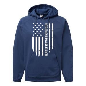 Beer Bacon Guns & Freedom / USA BBQ American Flag Drinking Performance Fleece Hoodie