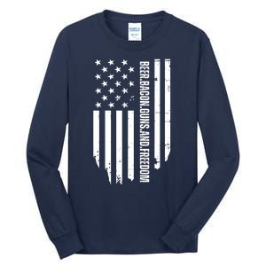 Beer Bacon Guns & Freedom / USA BBQ American Flag Drinking Tall Long Sleeve T-Shirt