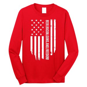 Beer Bacon Guns & Freedom / USA BBQ American Flag Drinking Long Sleeve Shirt