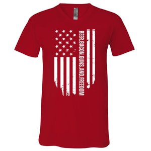 Beer Bacon Guns & Freedom / USA BBQ American Flag Drinking V-Neck T-Shirt