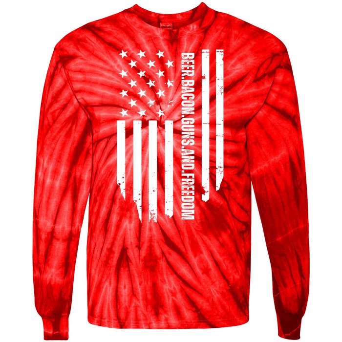 Beer Bacon Guns & Freedom / USA BBQ American Flag Drinking Tie-Dye Long Sleeve Shirt