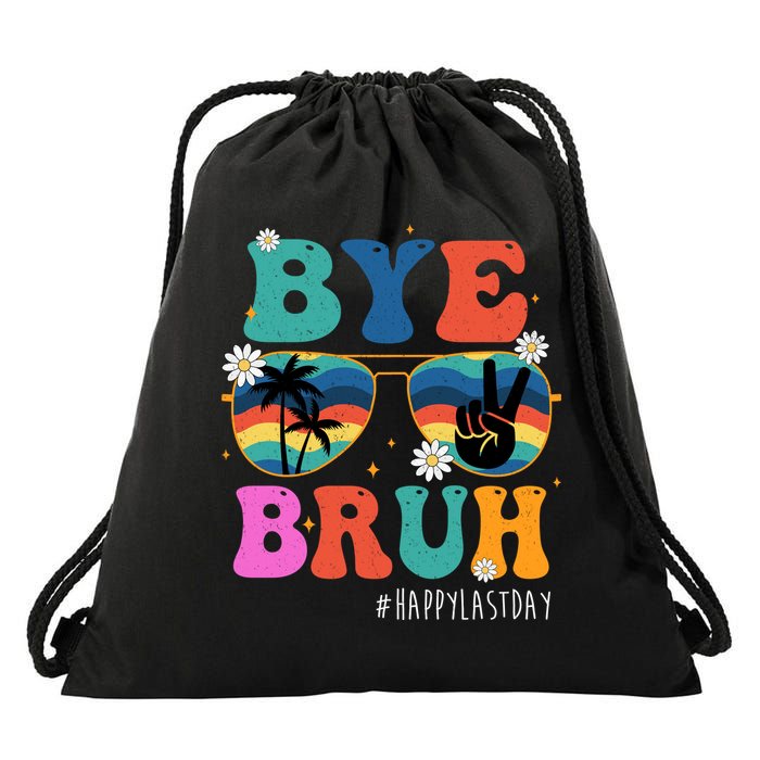 Bye Bruh Happy Last Day Of School Retro Hippie Drawstring Bag