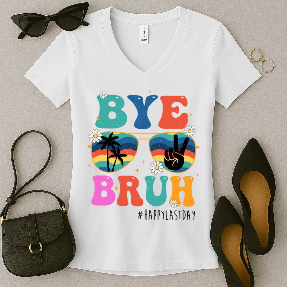 Bye Bruh Happy Last Day Of School Retro Hippie Women's V-Neck T-Shirt