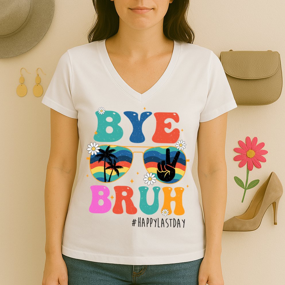 Bye Bruh Happy Last Day Of School Retro Hippie Women's V-Neck T-Shirt