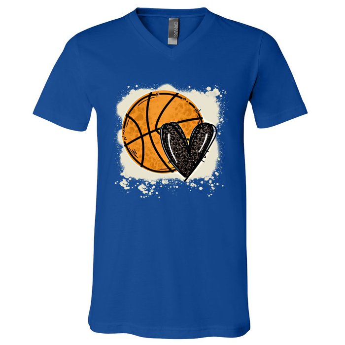 Bleached Basketball Heart Game Day Vibes Basketball Mom Life Gift V-Neck T-Shirt