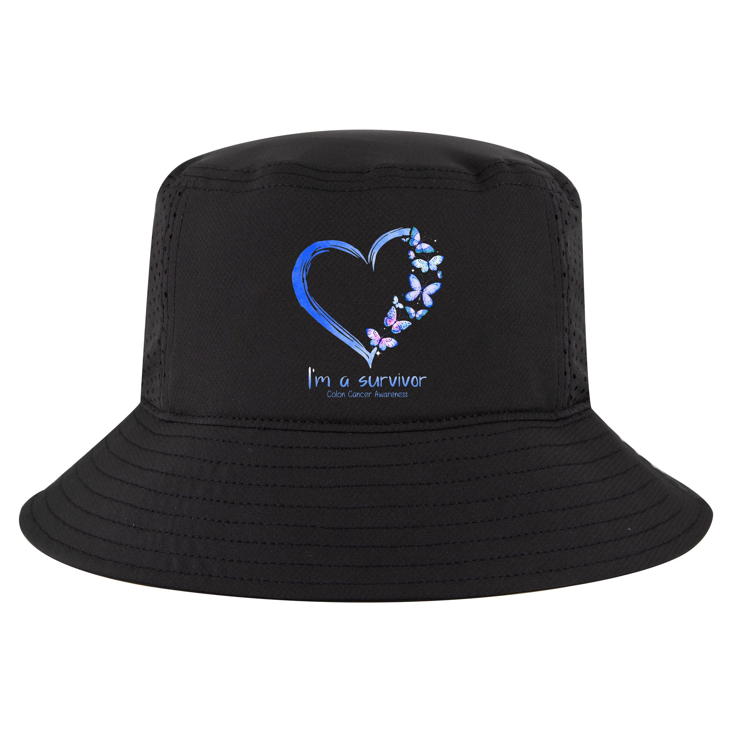 Blue Butterfly Heart I'm A Survivor Colon Cancer Awareness Cool Comfort Performance Bucket Hat