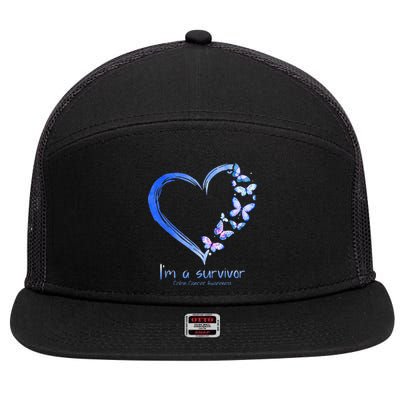 Blue Butterfly Heart I'm A Survivor Colon Cancer Awareness 7 Panel Mesh Trucker Snapback Hat