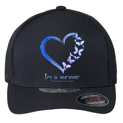 Blue Butterfly Heart I'm A Survivor Colon Cancer Awareness Flexfit Unipanel Trucker Cap