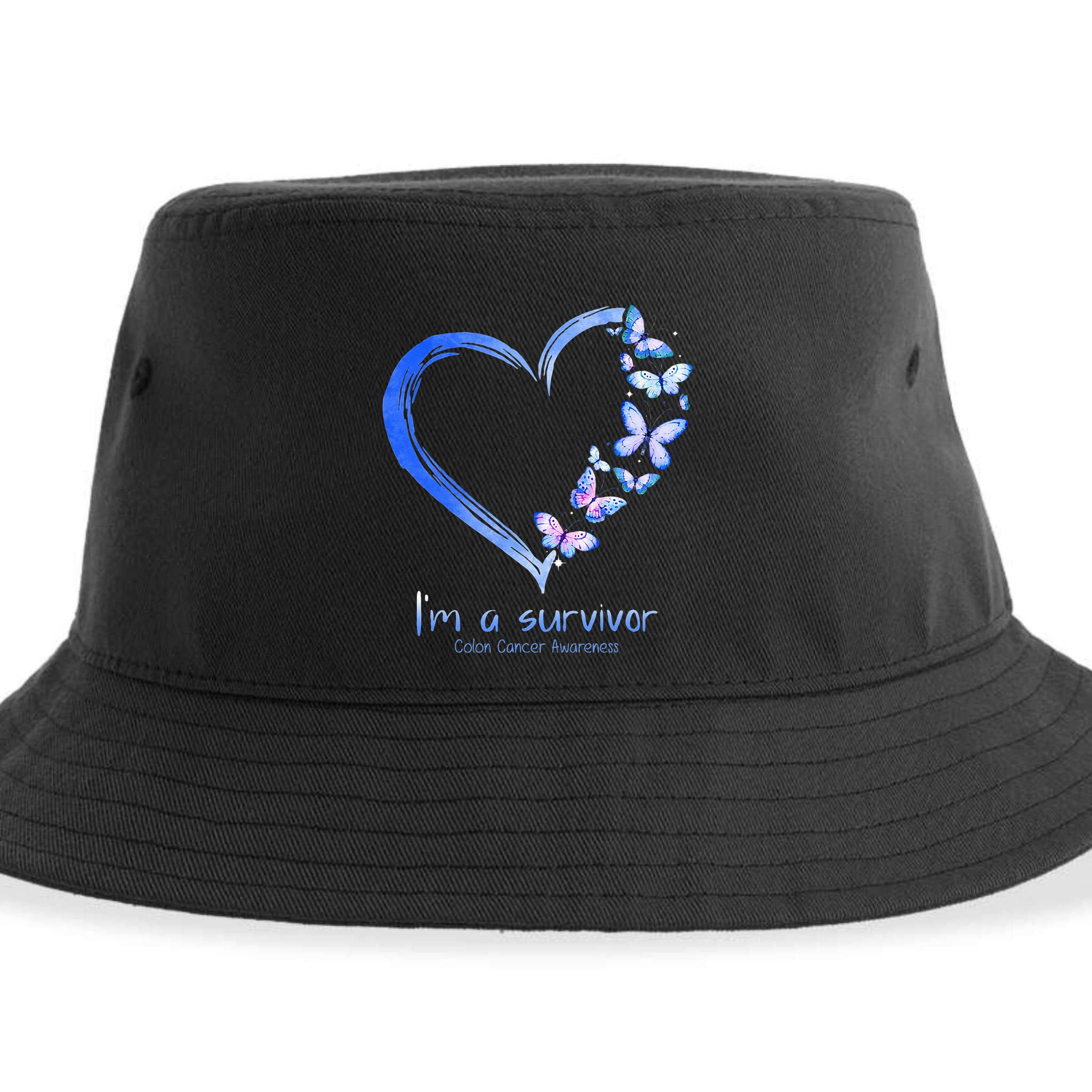 Blue Butterfly Heart I'm A Survivor Colon Cancer Awareness Sustainable Bucket Hat