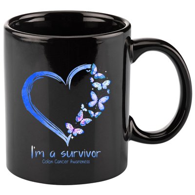 Blue Butterfly Heart I'm A Survivor Colon Cancer Awareness 11oz C Handle Ceramic Mug
