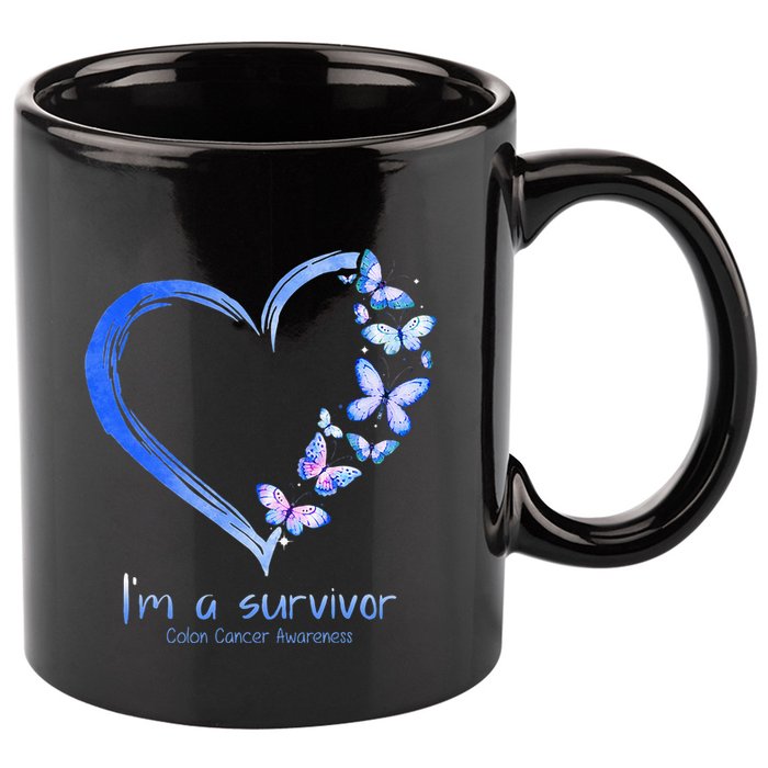 Blue Butterfly Heart I'm A Survivor Colon Cancer Awareness 11oz C Handle Ceramic Mug