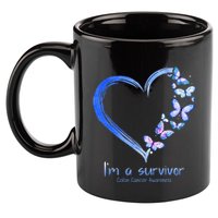 Blue Butterfly Heart I'm A Survivor Colon Cancer Awareness 11oz C Handle Ceramic Mug