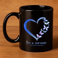 Blue Butterfly Heart I'm A Survivor Colon Cancer Awareness 11oz C Handle Ceramic Mug