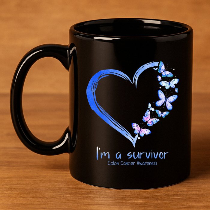 Blue Butterfly Heart I'm A Survivor Colon Cancer Awareness 11oz C Handle Ceramic Mug