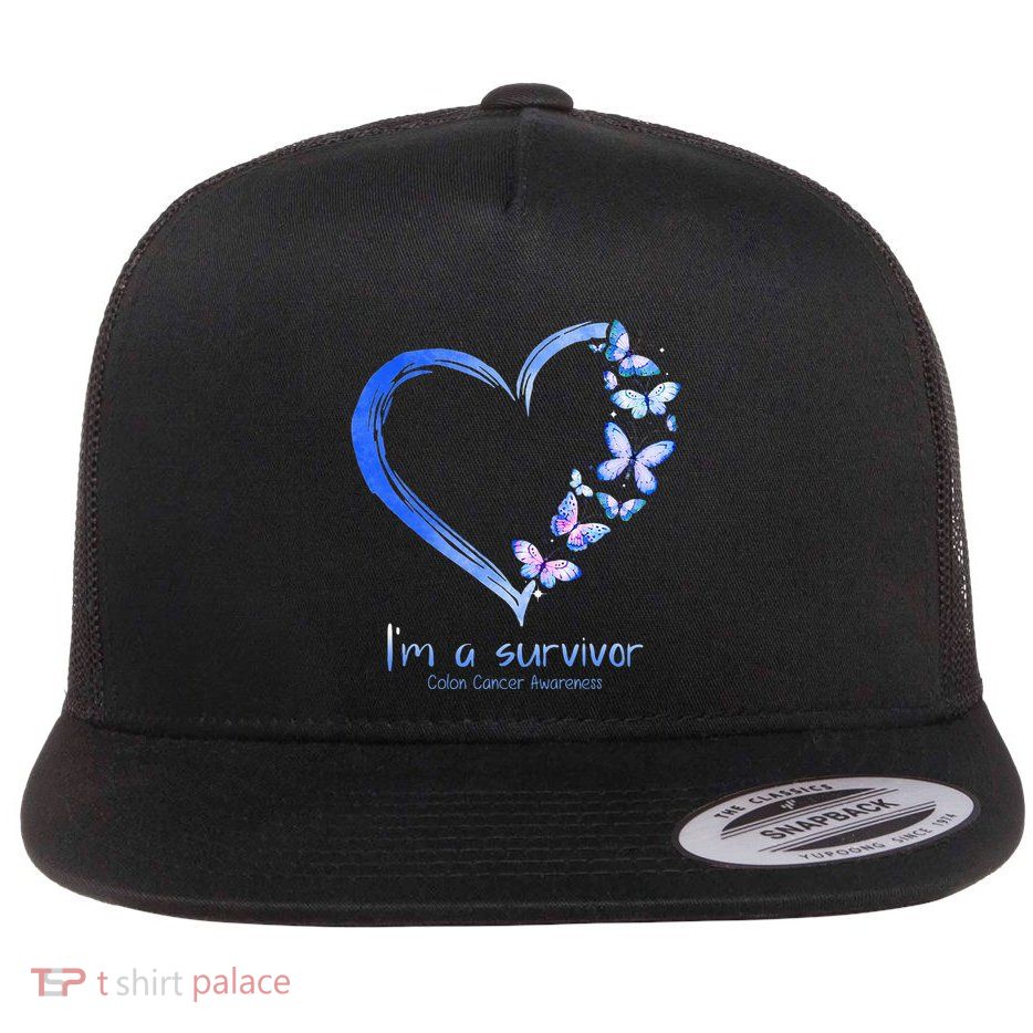 Blue Butterfly Heart I'm A Survivor Colon Cancer Awareness Flatbill Hat