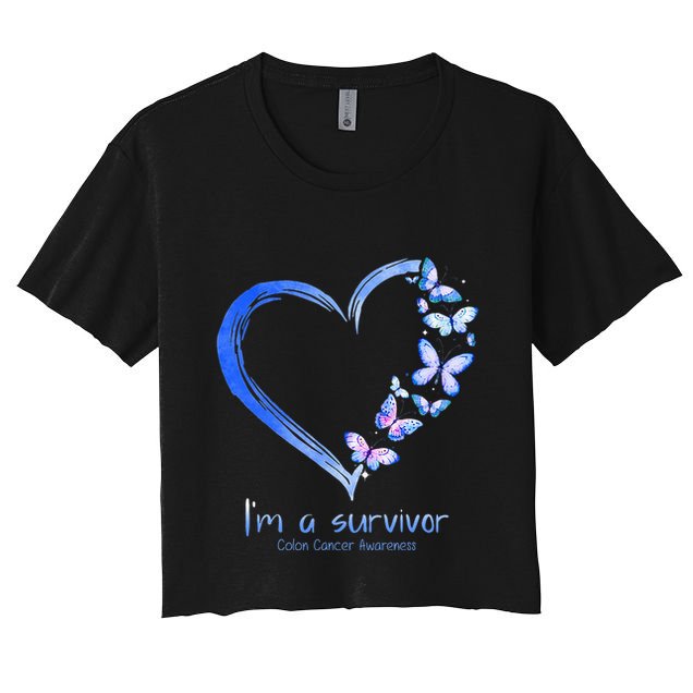 Blue Butterfly Heart I'm A Survivor Colon Cancer Awareness Crop Top