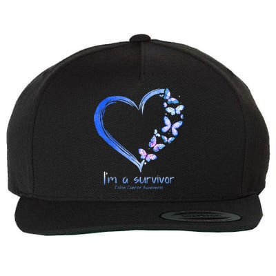 Blue Butterfly Heart I'm A Survivor Colon Cancer Awareness Wool Snapback Cap