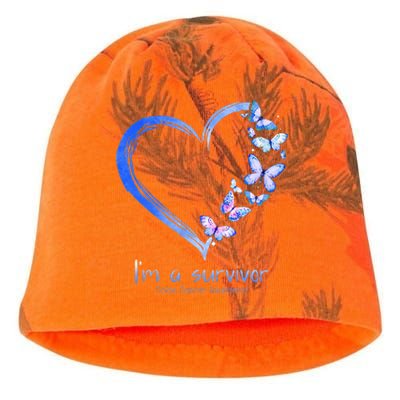 Blue Butterfly Heart I'm A Survivor Colon Cancer Awareness Kati - Camo Knit Beanie