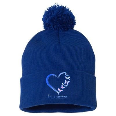 Blue Butterfly Heart I'm A Survivor Colon Cancer Awareness Pom Pom 12in Knit Beanie