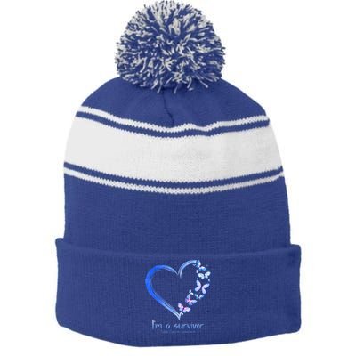 Blue Butterfly Heart I'm A Survivor Colon Cancer Awareness Stripe Pom Pom Beanie