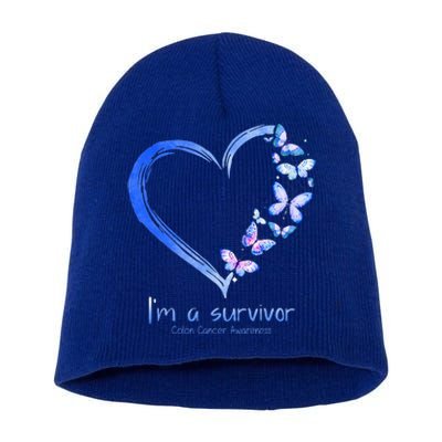 Blue Butterfly Heart I'm A Survivor Colon Cancer Awareness Short Acrylic Beanie