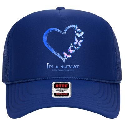 Blue Butterfly Heart I'm A Survivor Colon Cancer Awareness High Crown Mesh Back Trucker Hat