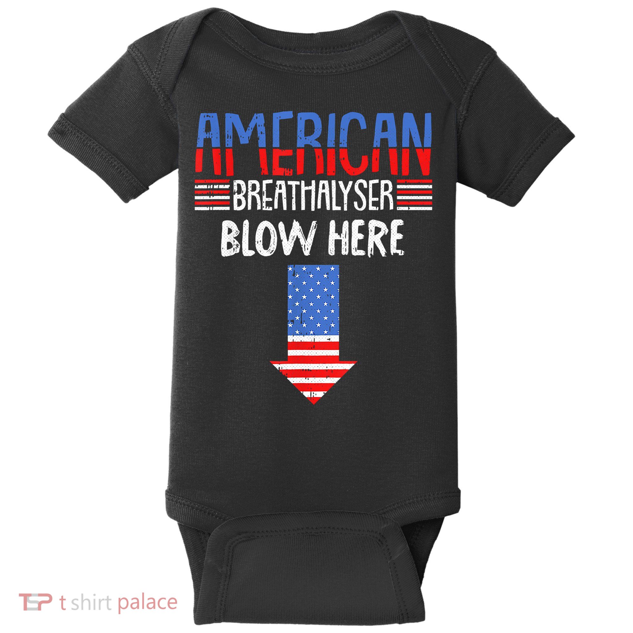Breathalyzer Blow Here Funny 4th Of July Funny American Flag Baby Bodysuit